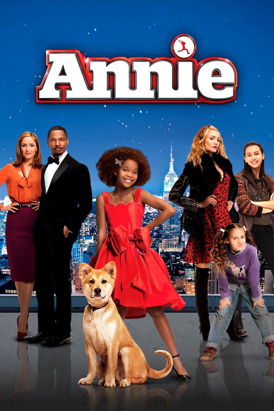 Annie. Movie Poster. Jamie Fox. Quvenzhane Wallis. Cameron Diaz. Dog. New York. 